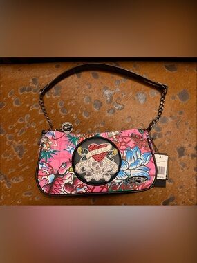 Ed Hardy Pink Floral Embroidered Skull Shoulder Bag